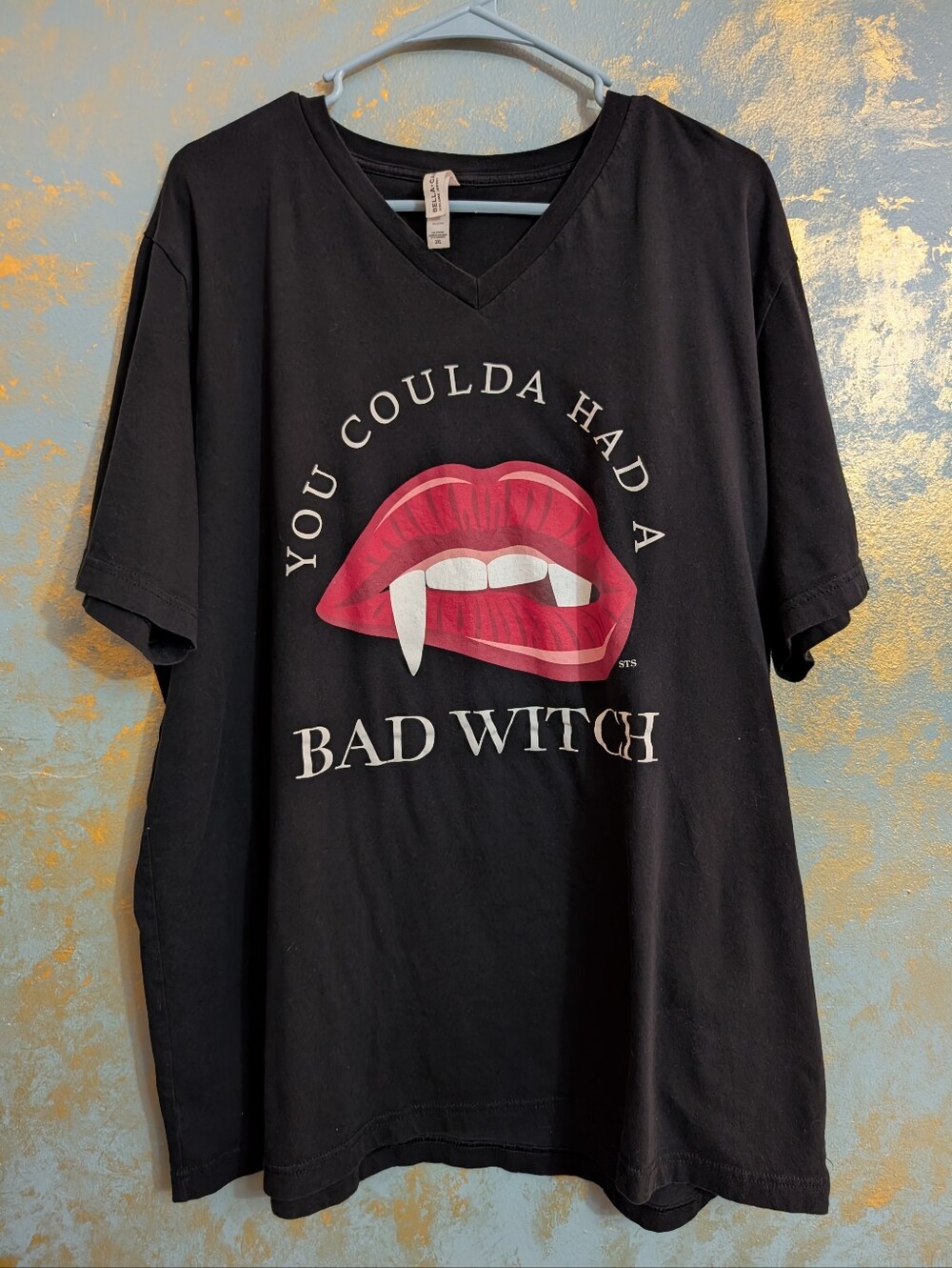 Bella Canvas Black V-Neck Tee with Red Lip Vampire Graphic 100% Cotton